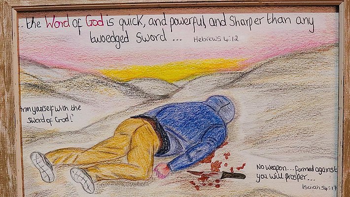 Drawing of man who has been stabbed. Above the scripture says, the word of God is quick, powerful and sharper than any twoedged sword. Arm yourself with the word of God